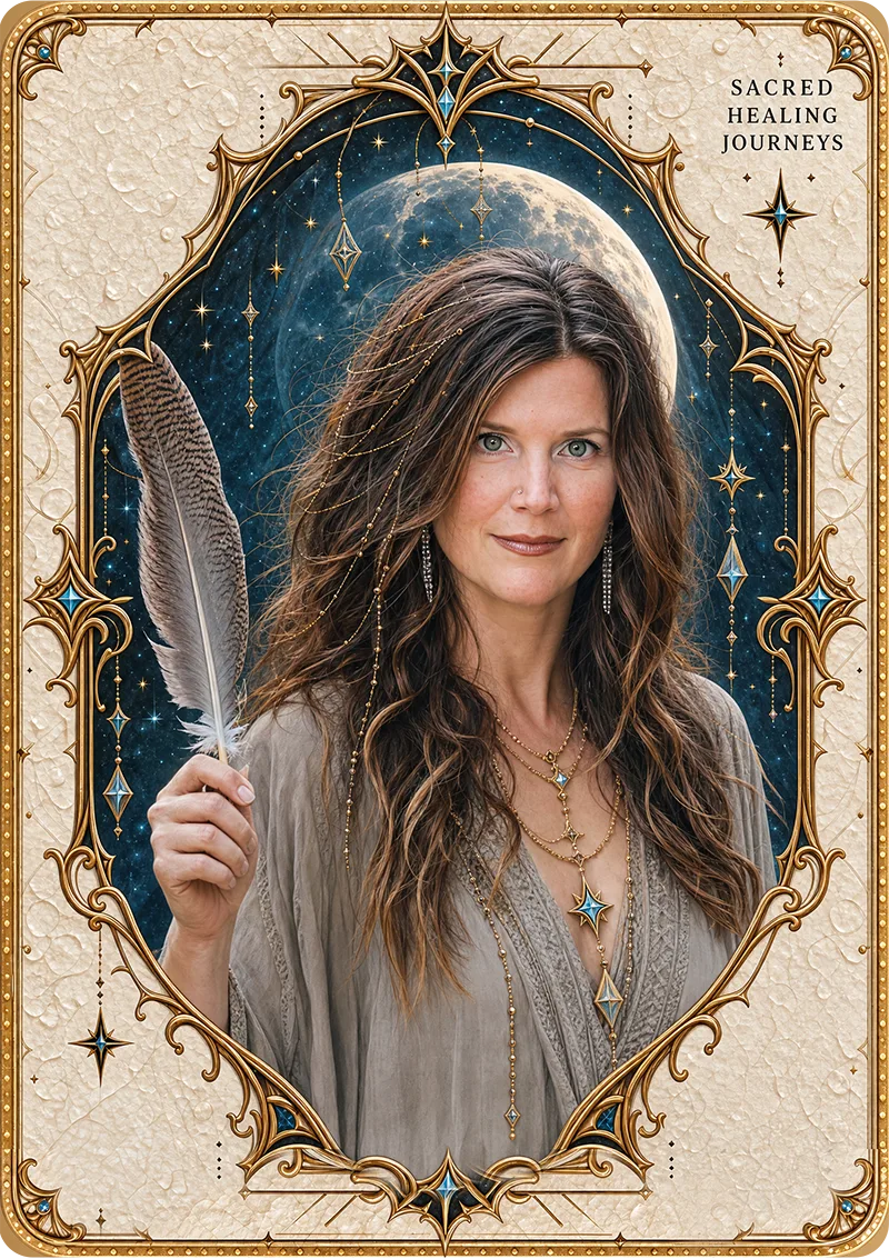 Brand card for Sacred Healing Journeys: Andrea Brinkman-Waterbury holding a feather beneath a moonlit sky