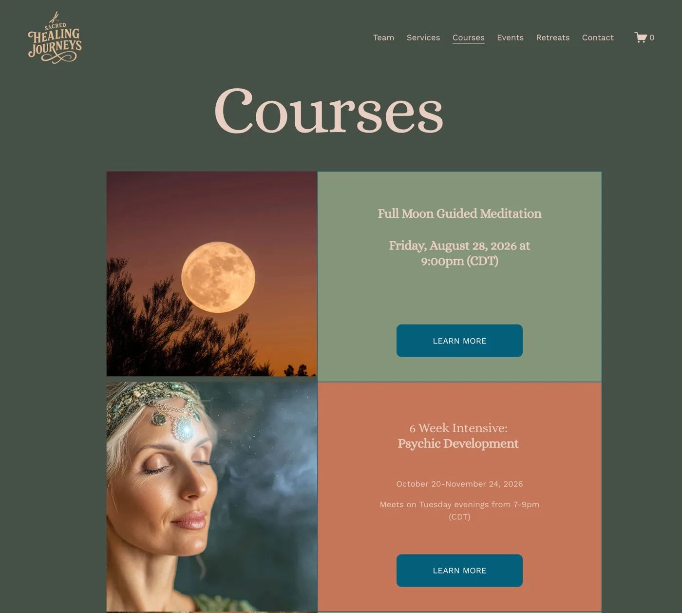 The Sacred Healing Journeys courses page, listing a Full Moon Guided Meditation and a six-week Psychic Development intensive, each with dates, times and a Learn More button