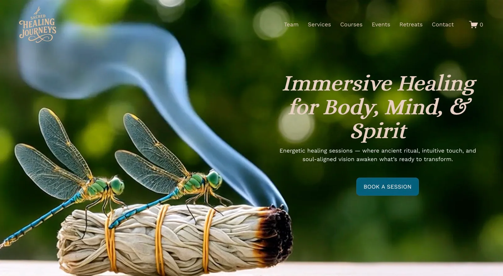 The Sacred Healing Journeys home page: the brand mark over a photograph of two dragonflies resting on a smoking sage bundle, with the headline Immersive Healing for Body, Mind, and Spirit and a Book a Session button