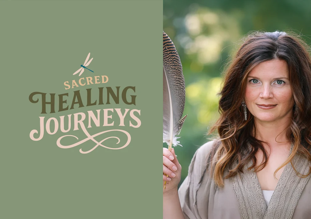 Sacred Healing Journeys brand mark beside Andrea Brinkman-Waterbury holding a feather