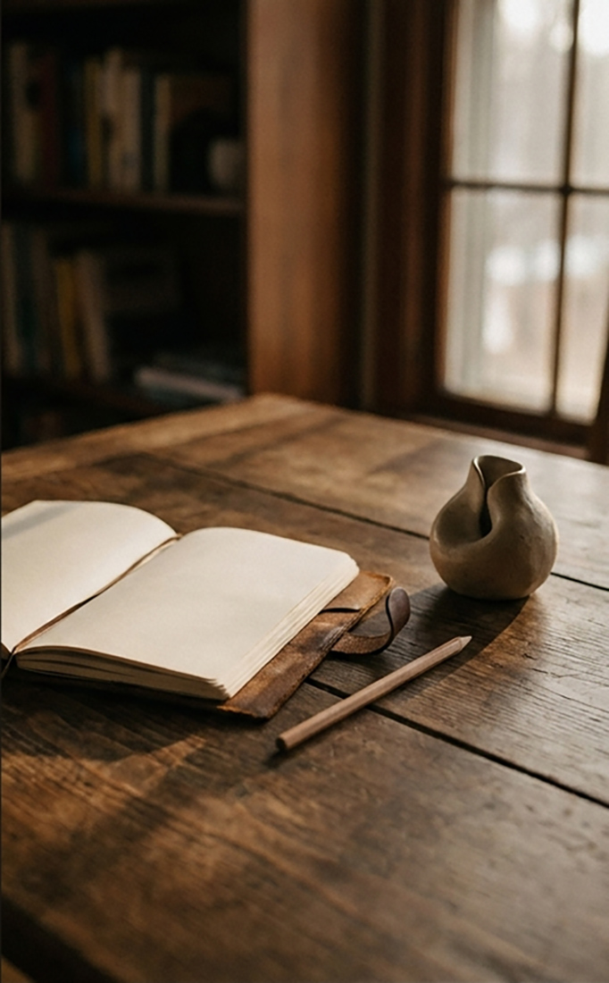 A warm studio desk with an open notebook and pencil.